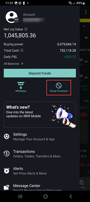 The close positions button on the Android Phone